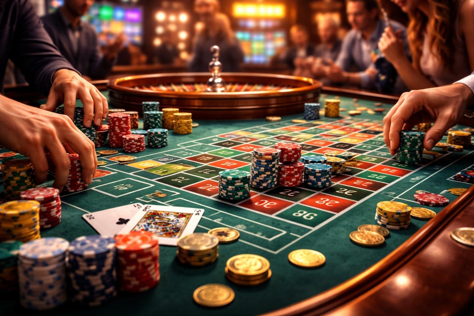 Suasana meja taruhan kasino langsung dengan roda roulette, tumpukan chip, kartu bermain, dan beberapa orang yang sedang memasang taruhan.