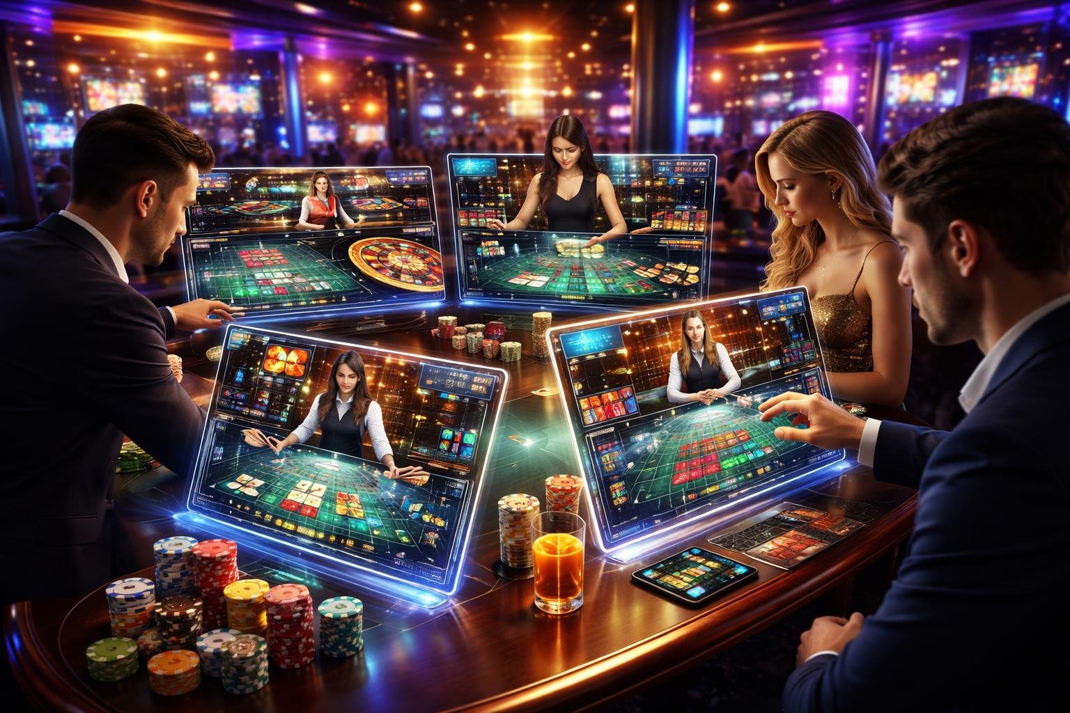 Suasana kasino langsung dengan pemain yang menggunakan antarmuka digital untuk bertaruh pada berbagai permainan kasino.