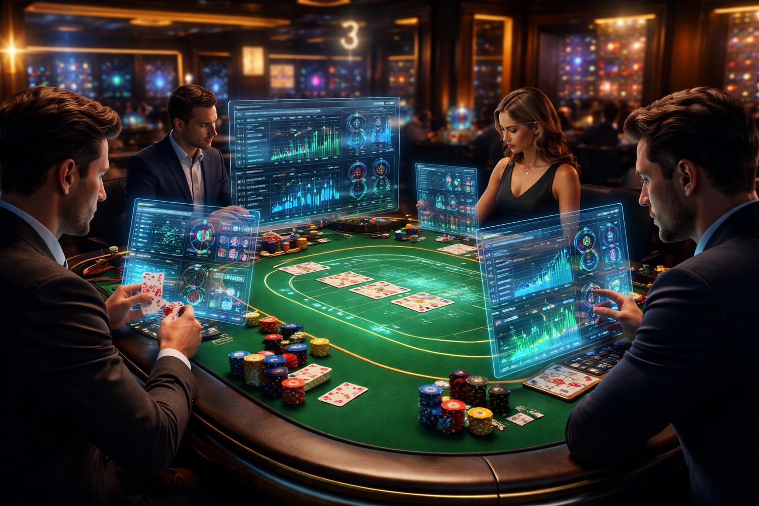 Suasana kasino langsung dengan meja permainan, pemain yang fokus menggunakan layar holografik untuk menganalisis peluang taruhan.