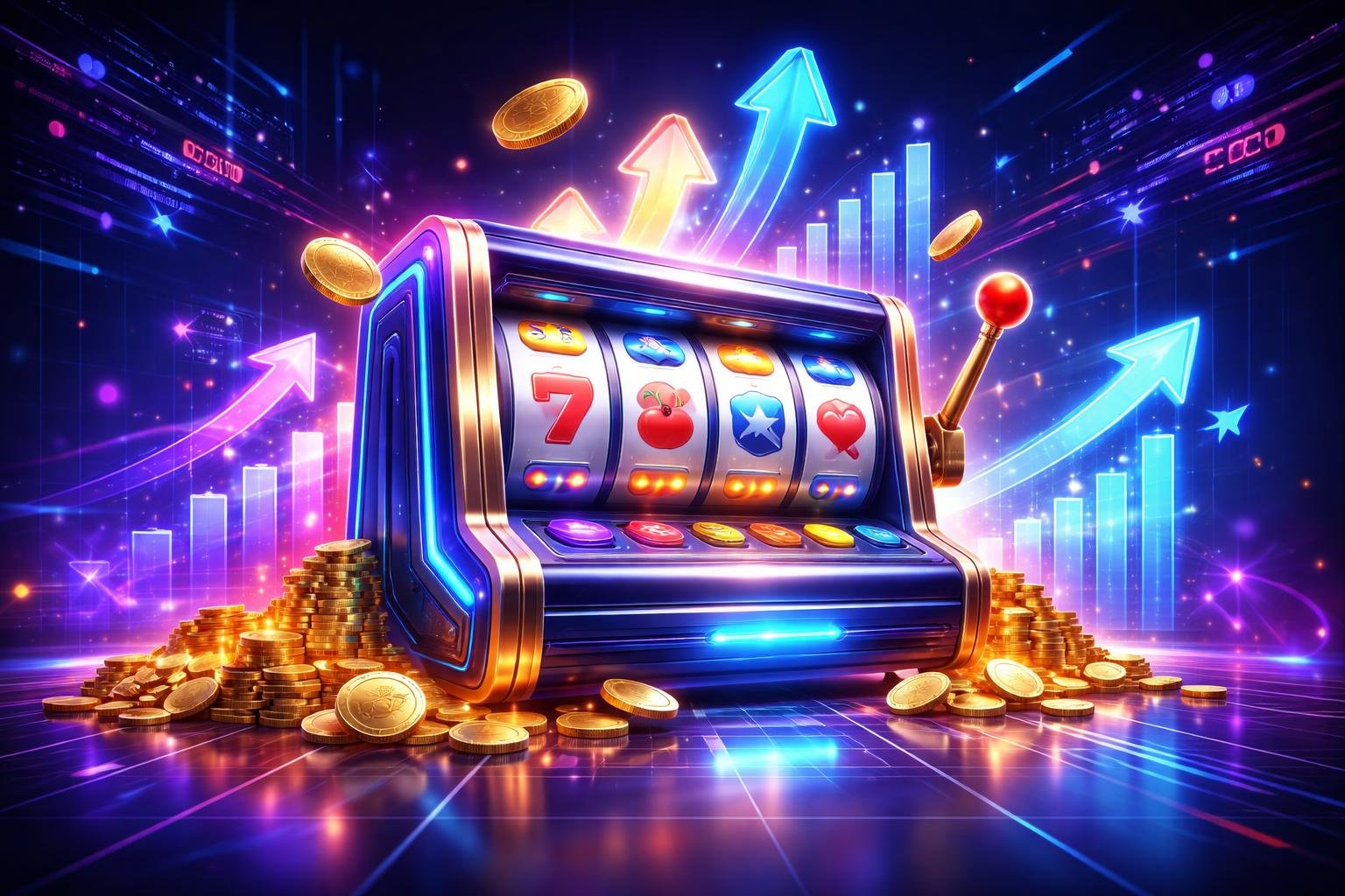 Mesin slot online modern dengan lampu neon dan elemen holografik yang menunjukkan peluang dan pertumbuhan di lingkungan kasino digital futuristik.