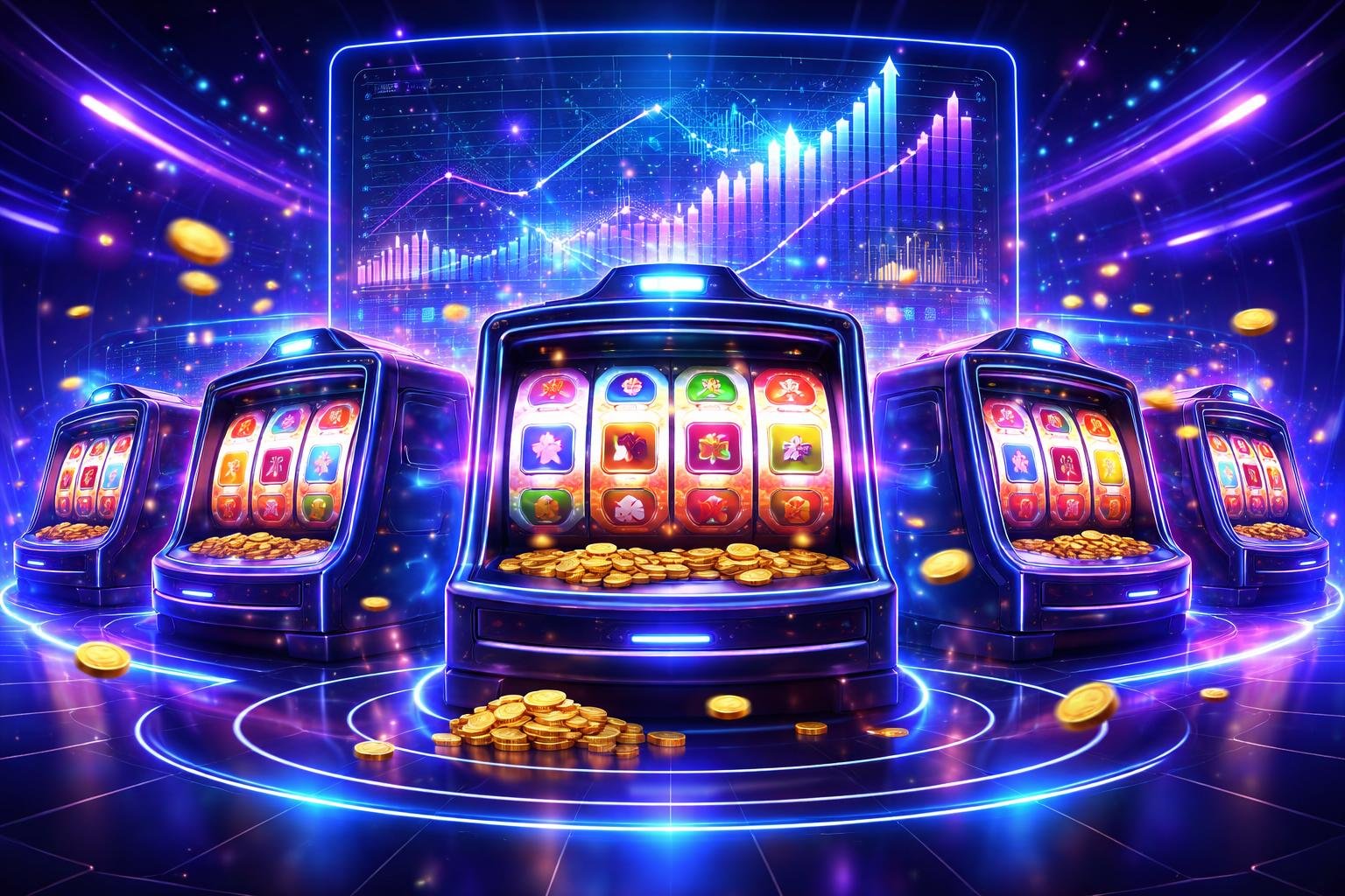 Pemandangan ruang permainan slot online dengan mesin slot berputar dan tampilan holografik yang menunjukkan data peluang menang.