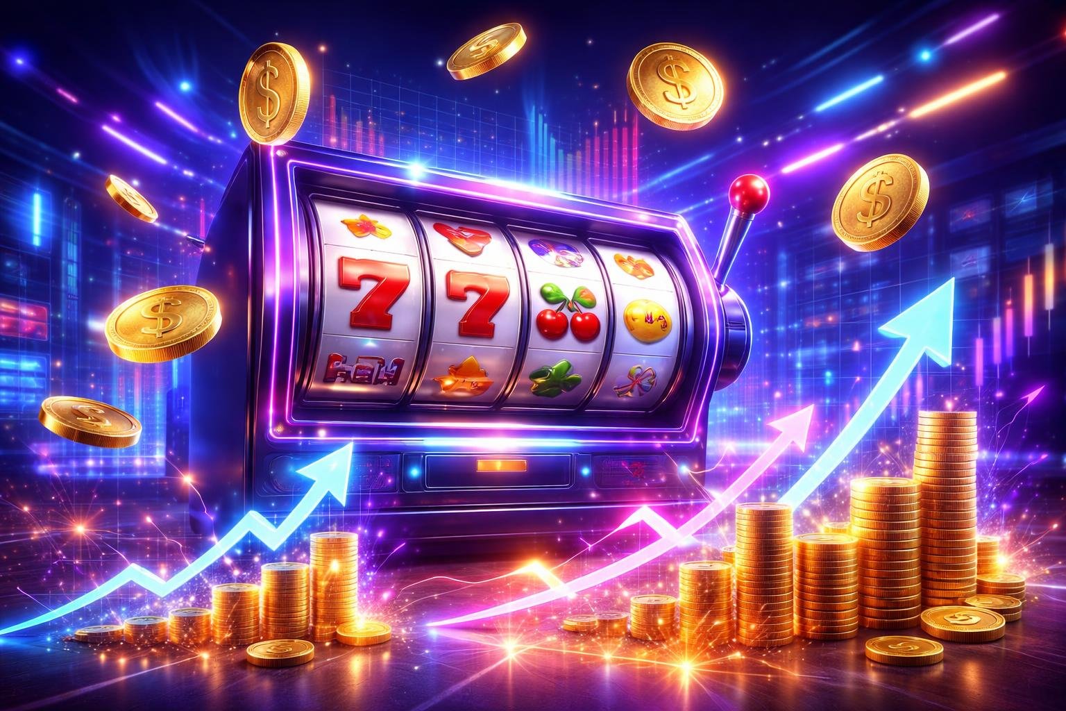 Pemandangan mesin slot digital dengan koin dan grafik naik yang melambangkan peluang dan pertumbuhan dalam bermain slot online.