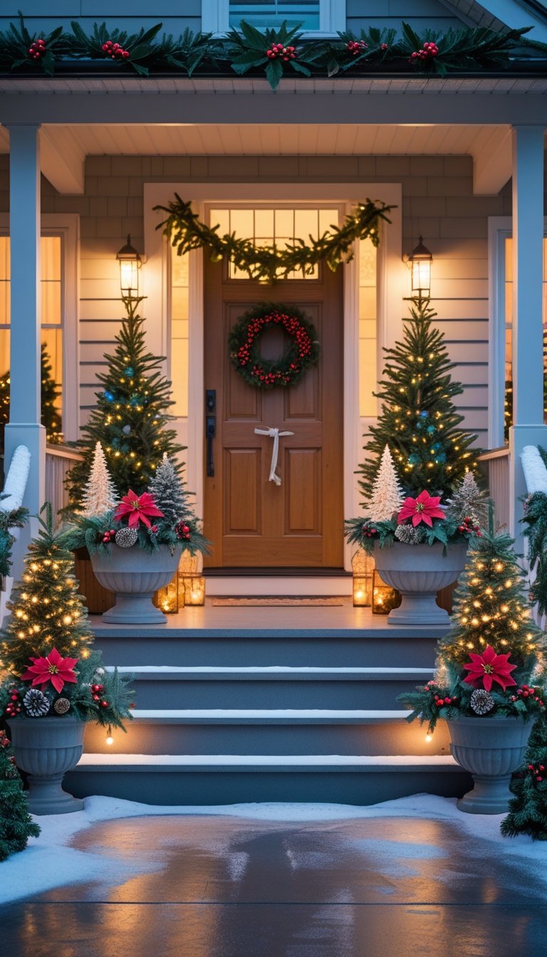 A front porch decorated with multiple Christmas planters filled with evergreens, pine cones, red berries, and holiday lights.