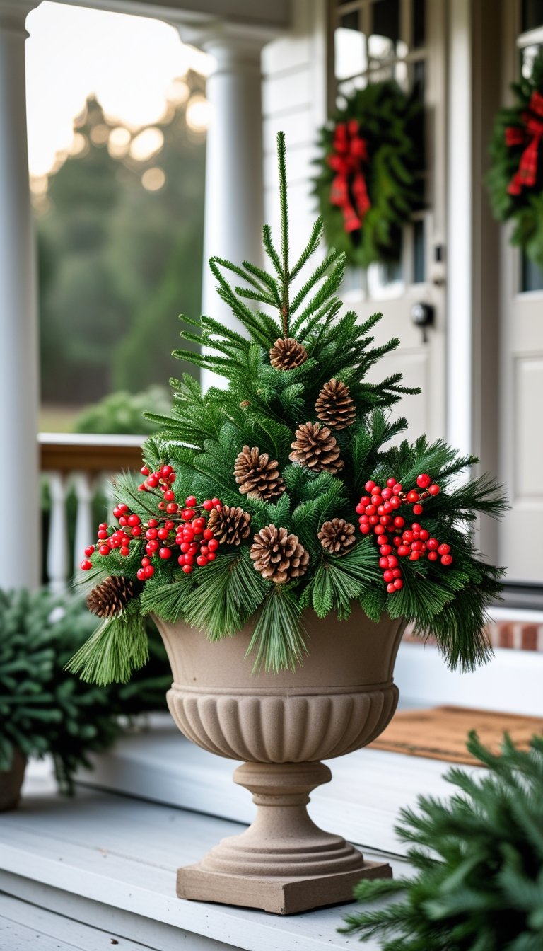 A front porch with a planter filled with green pine branches, pine cones, and red berries.