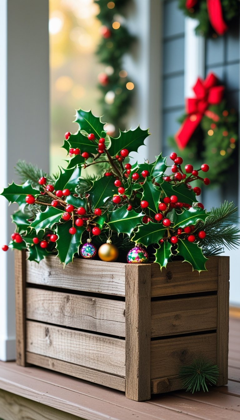 Rustic wooden box filled with holly and small Christmas ornaments on a front porch.
