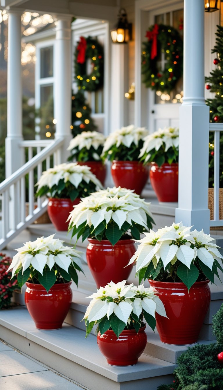Front porch with red ceramic pots filled with white poinsettias arranged along the steps and railing.