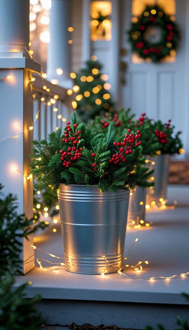 Front porch with metal bucket planters filled with greenery and red berries, decorated with twinkling fairy lights.