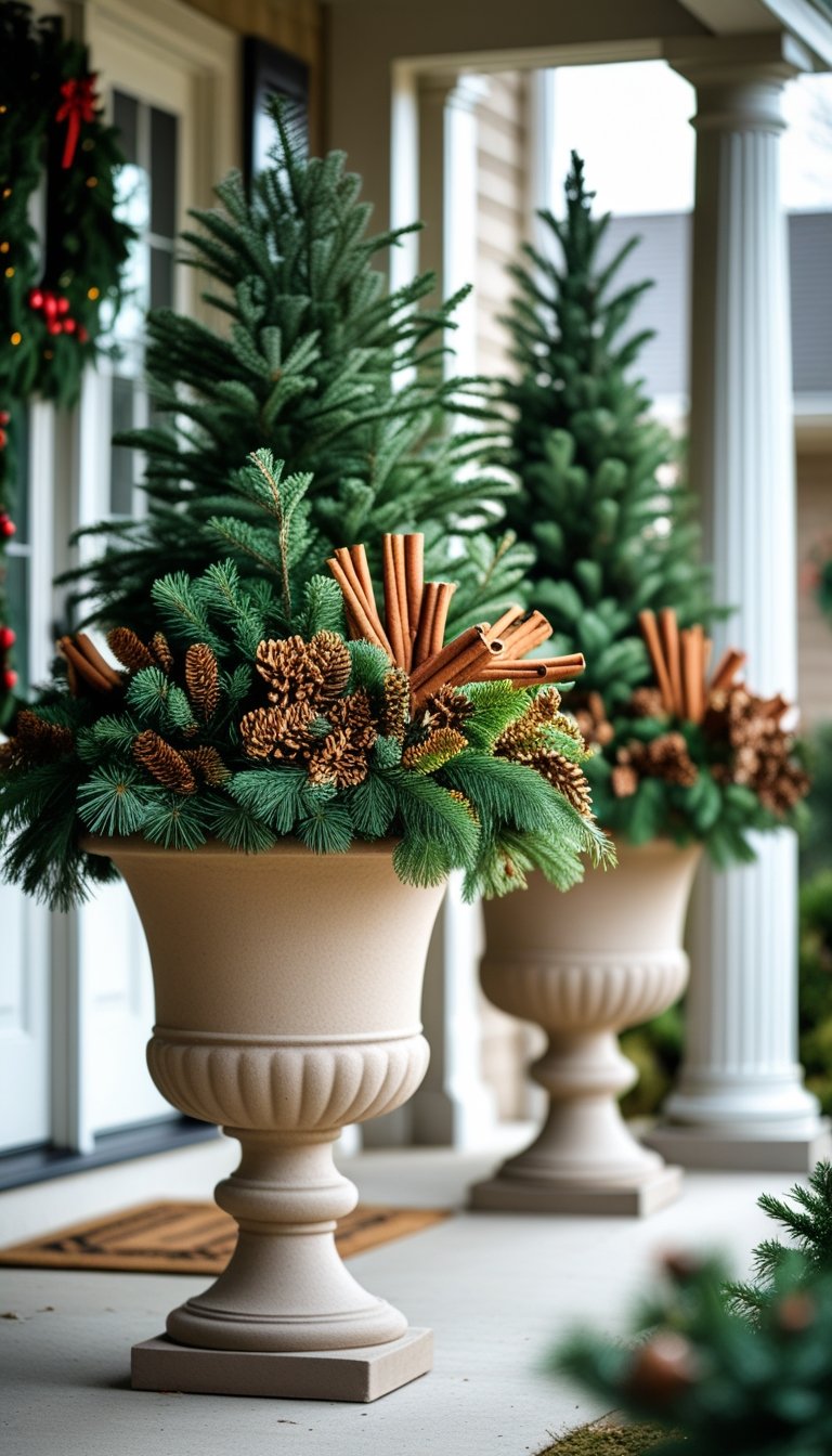 Tall urn planters on a front porch filled with pine branches and cinnamon sticks decorated for Christmas.