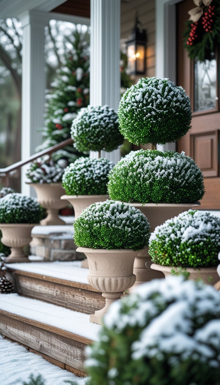 Front porch with snow-covered boxwood topiaries in planters during winter.