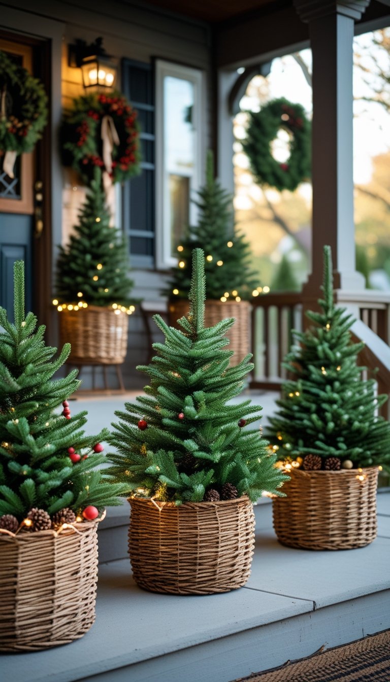 Front porch with wicker baskets holding small Christmas trees decorated with pine cones and red berries.