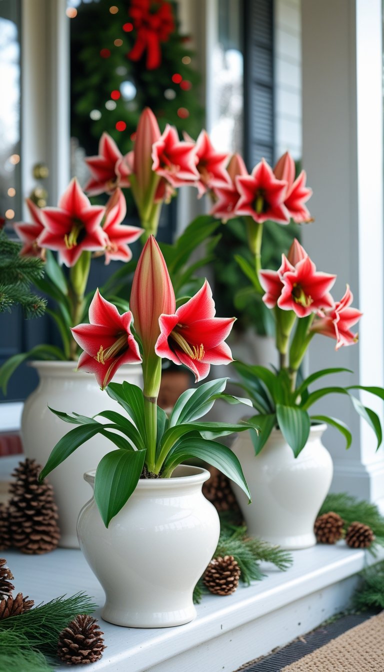 White ceramic pots filled with red amaryllis flowers arranged on a front porch decorated for Christmas.