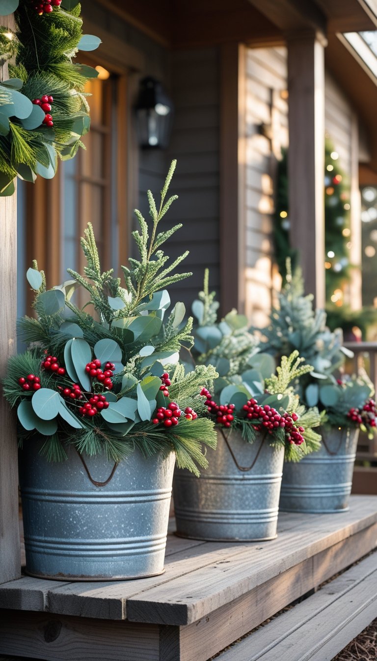 Vintage metal tubs filled with eucalyptus branches and red cranberries displayed on a wooden front porch.