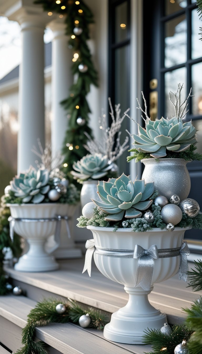 Front porch with planters containing frosted succulents and silver Christmas decorations.