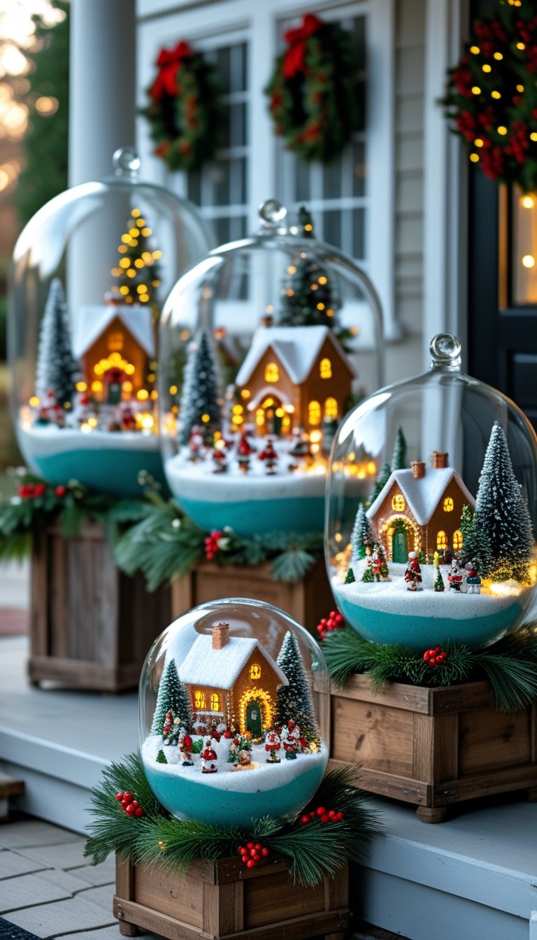 Miniature Christmas village scenes inside large glass terrariums placed on a front porch with holiday greenery and decorations.