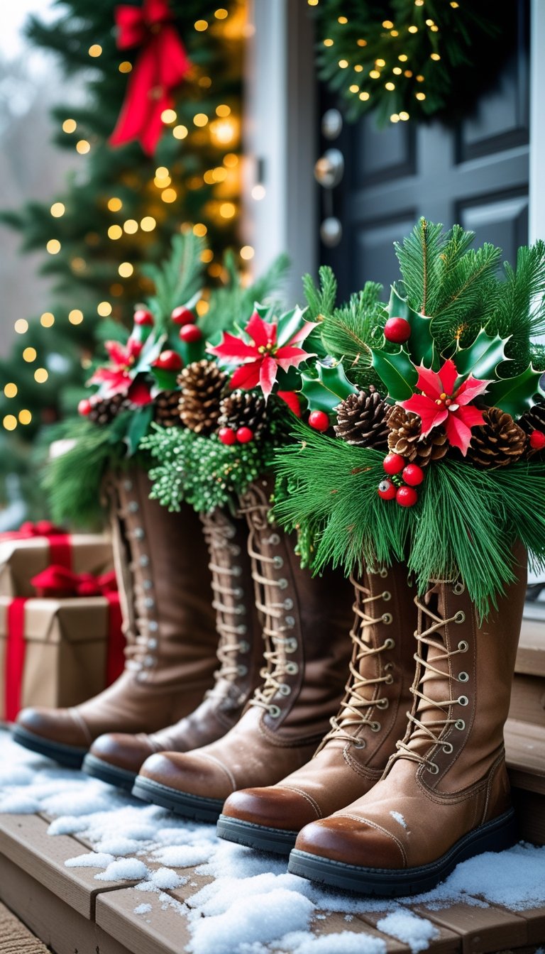 A front porch with old boots filled with pine branches, holly berries, and pine cones as Christmas plant holders, surrounded by holiday decorations.