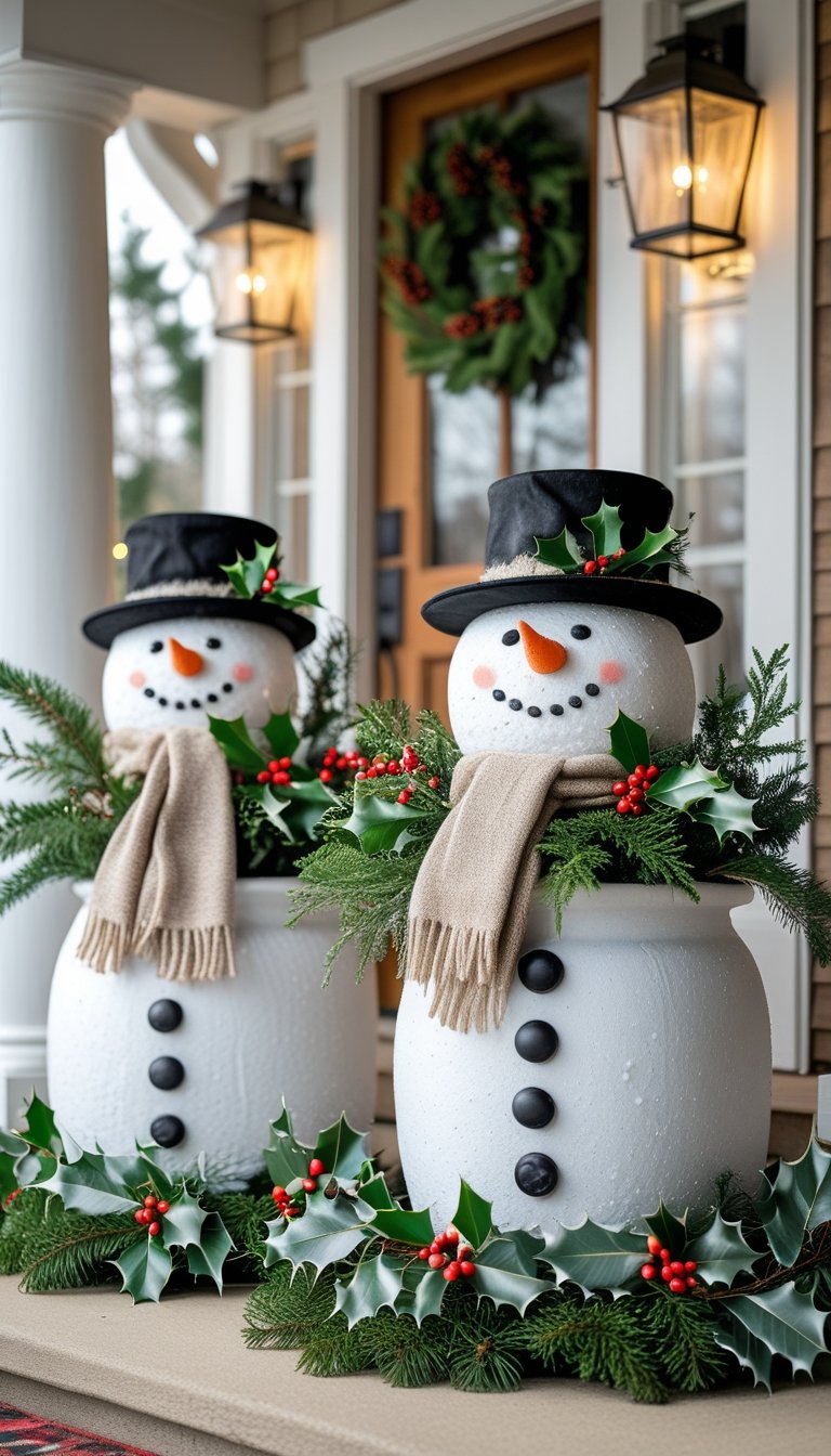 Snowman-themed planters filled with festive greenery arranged on a front porch decorated for Christmas.