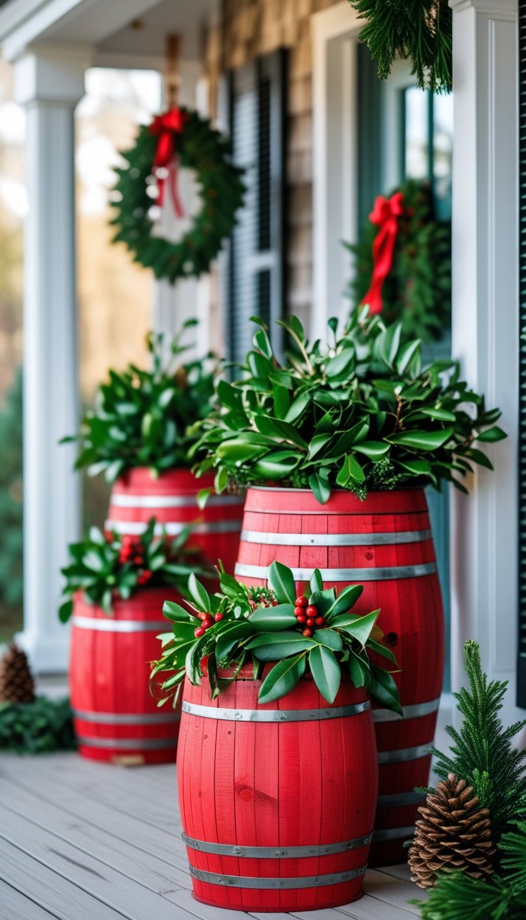 Bright red cedar barrels filled with green mistletoe sprigs arranged on a front porch as Christmas planters.