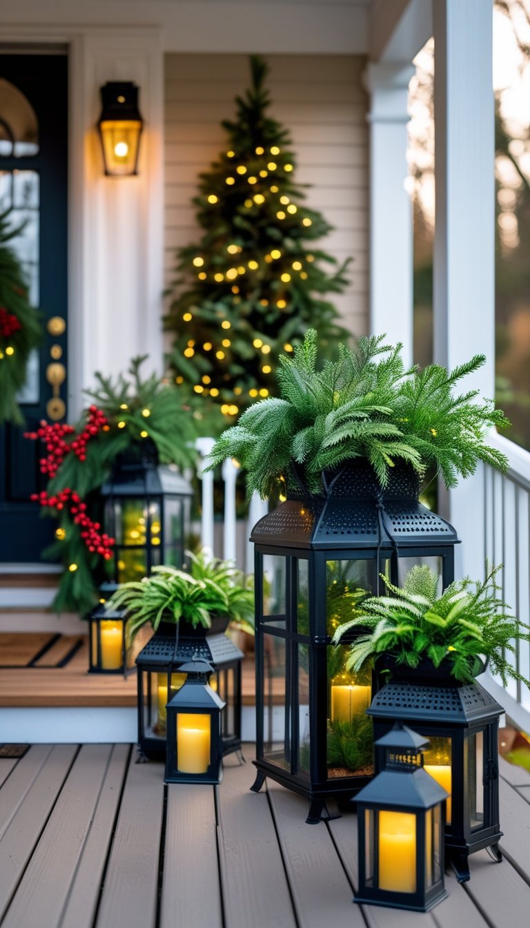 Black metal lanterns used as planters with green plants on a decorated front porch.