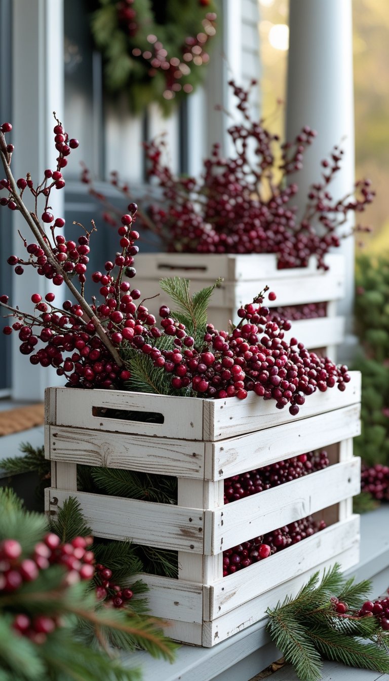Whitewashed wooden crates filled with branches bearing red and purple berries on a front porch.