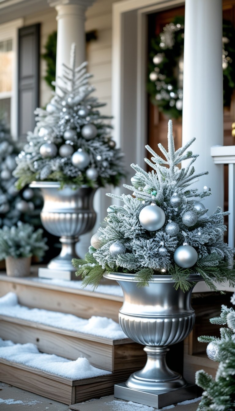 Silver urn planters filled with frosted pine branches and silver baubles arranged on a front porch decorated for Christmas.