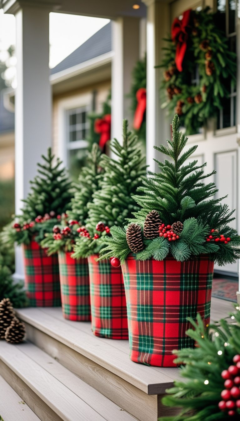 Front porch planters wrapped in red and green plaid fabric filled with evergreen branches and red berries on a wooden step.
