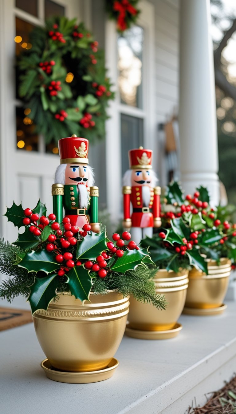 Gold-painted pots on a front porch filled with greenery, holly, and mini nutcracker decorations.