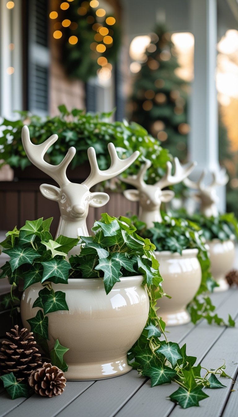Ceramic reindeer-shaped planters filled with ivy arranged on a front porch decorated for Christmas.