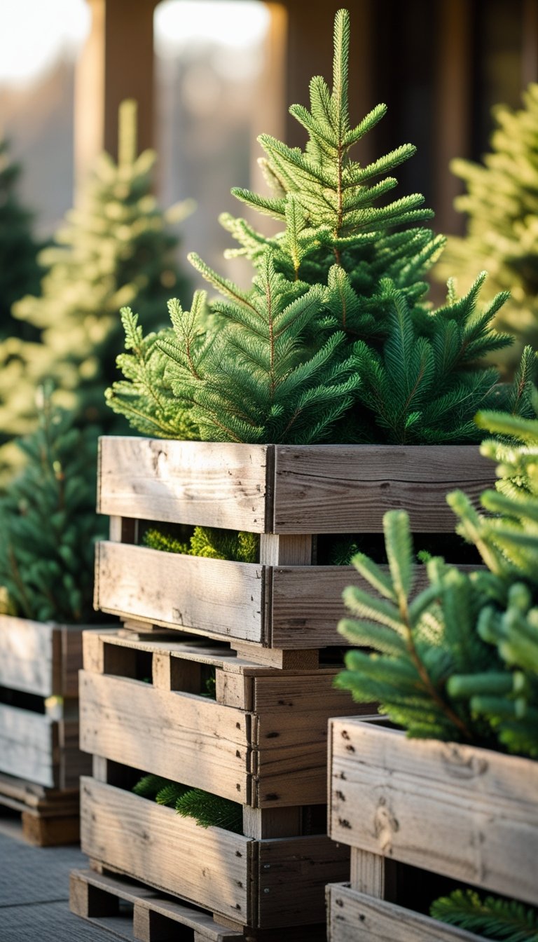 Stacked wooden crates filled with small fir saplings arranged outdoors.