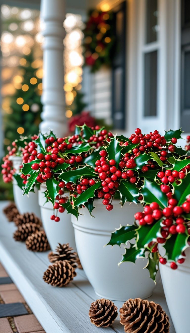 White ceramic pots filled with red holly berries and pine cones arranged on a front porch.