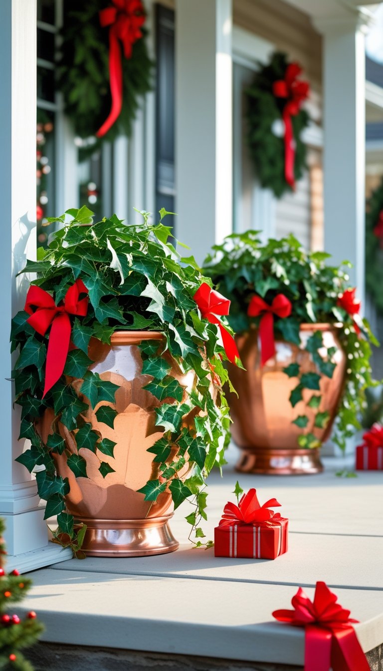 Copper planters with twisted ivy and red ribbons arranged on a front porch decorated for Christmas.