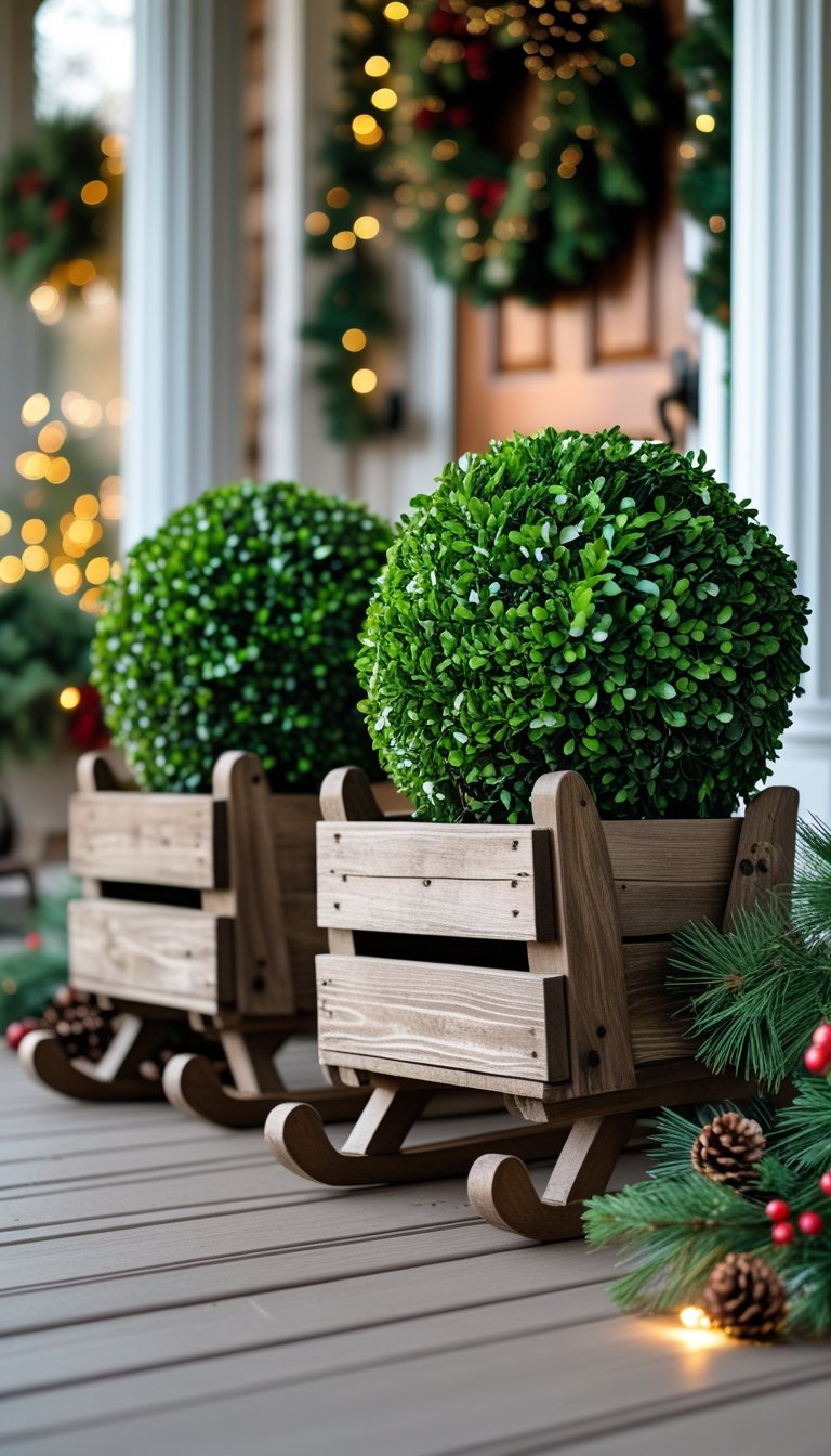 Miniature wooden sled-shaped planters holding green boxwood balls on a decorated front porch with holiday decorations.