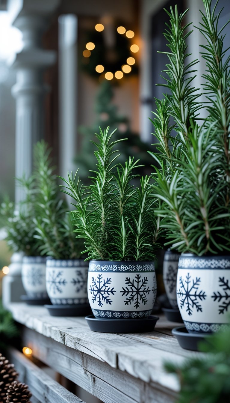 Ceramic pots with snowflake patterns holding rosemary sprigs arranged on a wooden front porch with holiday decorations.