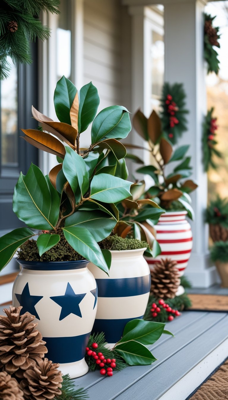 Ceramic planters painted with stars and stripes filled with magnolia leaves arranged on a front porch decorated for Christmas.