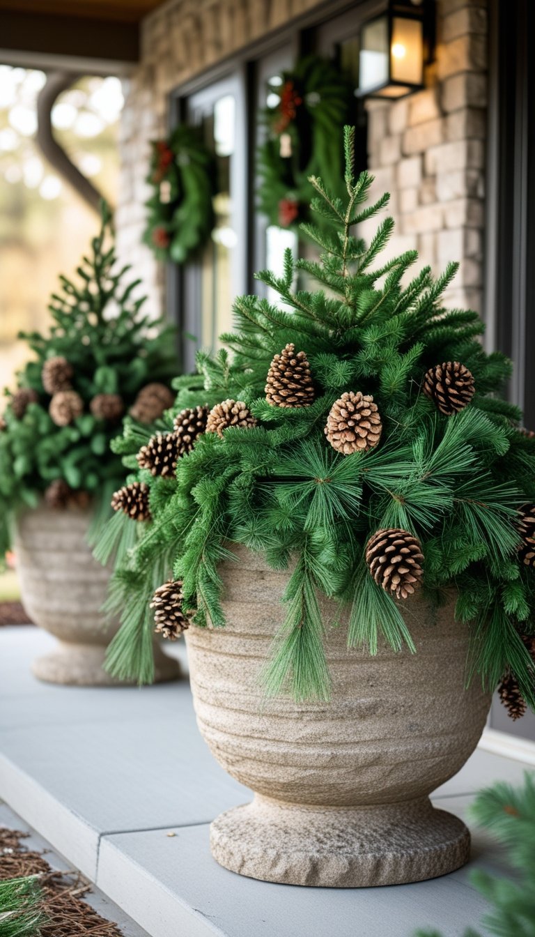 Large stone planters on a front porch filled with pine garlands and pinecones for Christmas decoration.