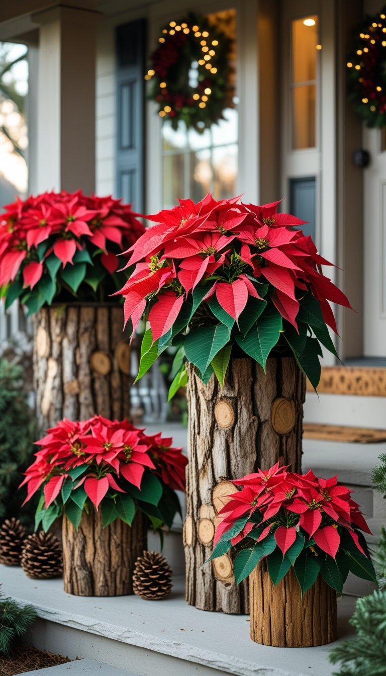 Front porch with log planters filled with clusters of red poinsettias.