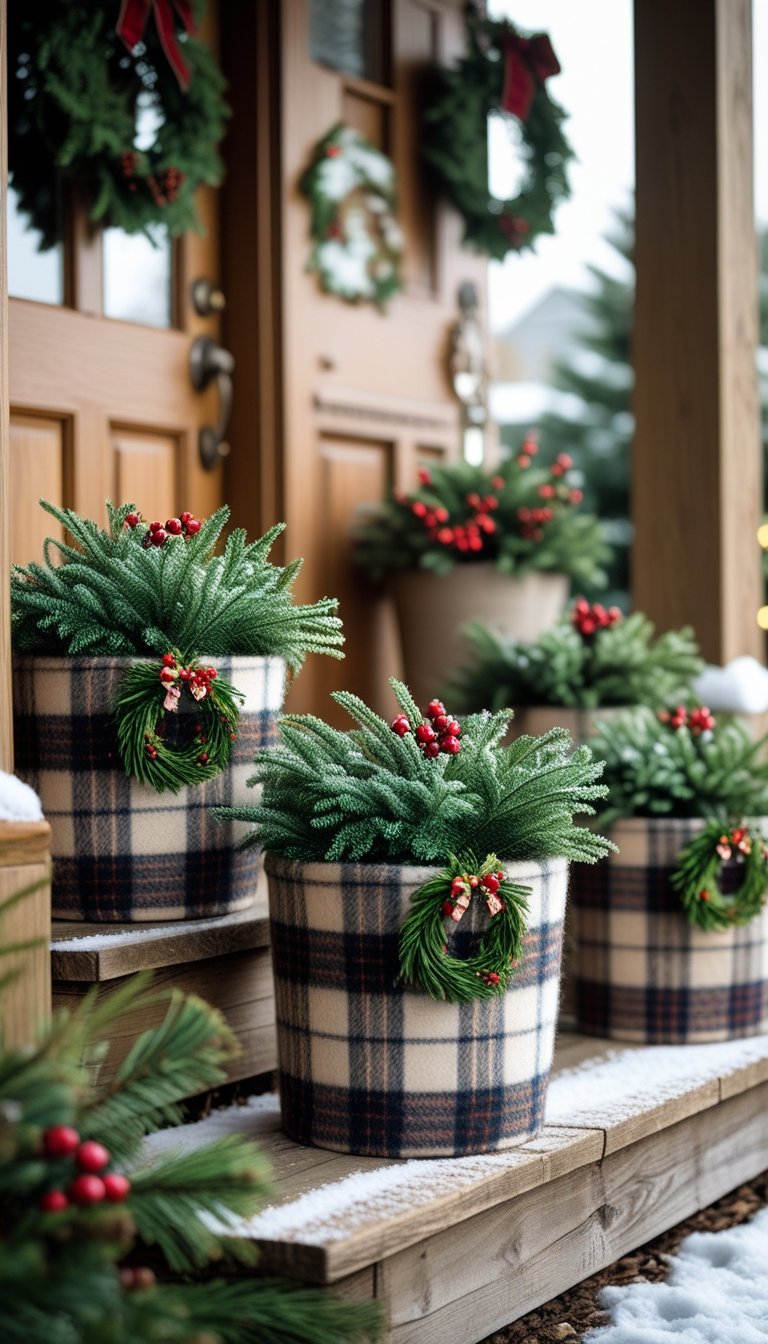 Front porch planters wrapped in plaid wool with small wreaths attached, arranged on wooden steps with Christmas decorations in the background.