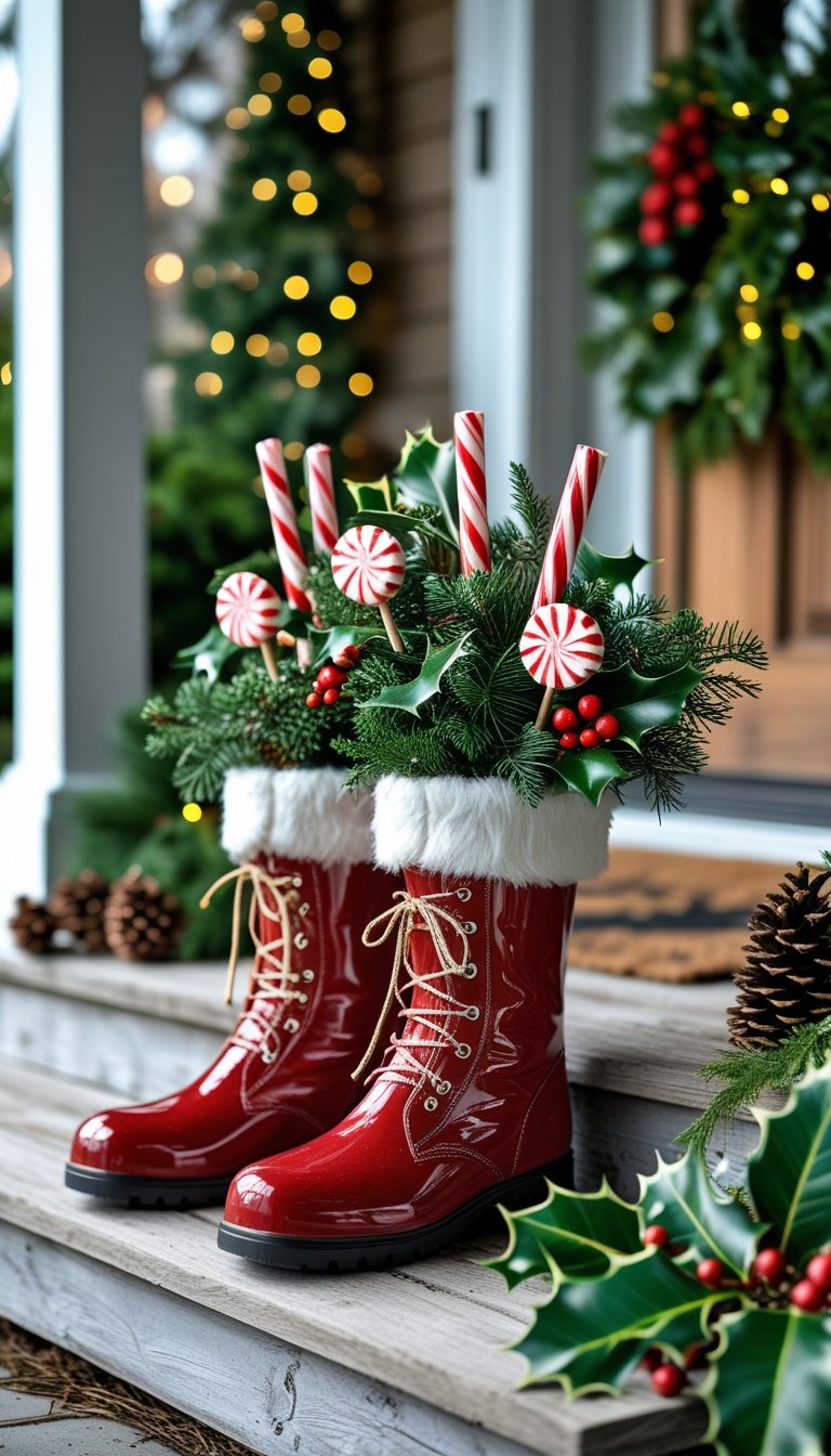 Porcelain Santa boots filled with peppermint sticks and greenery on a wooden porch step decorated for Christmas.