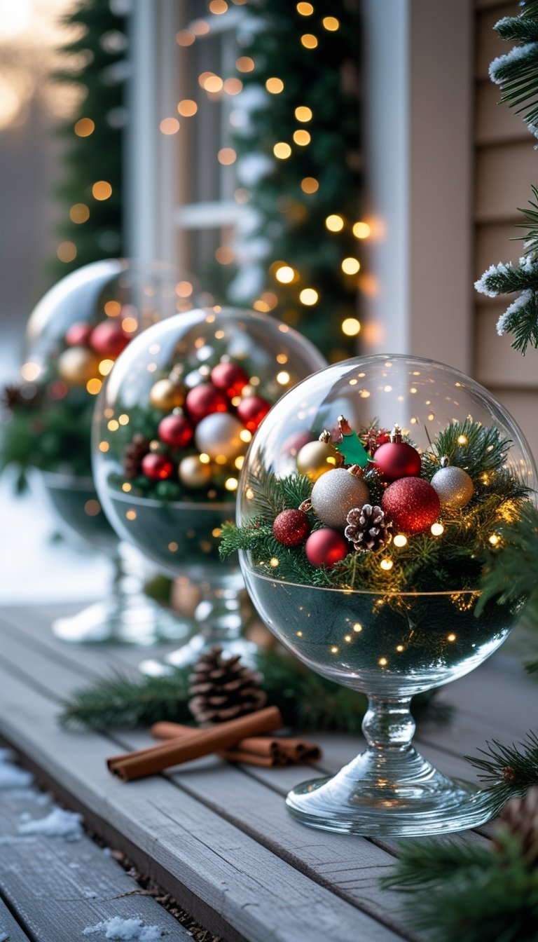 Glass globe planters filled with miniature Christmas ornaments arranged on a front porch decorated for the holiday season.