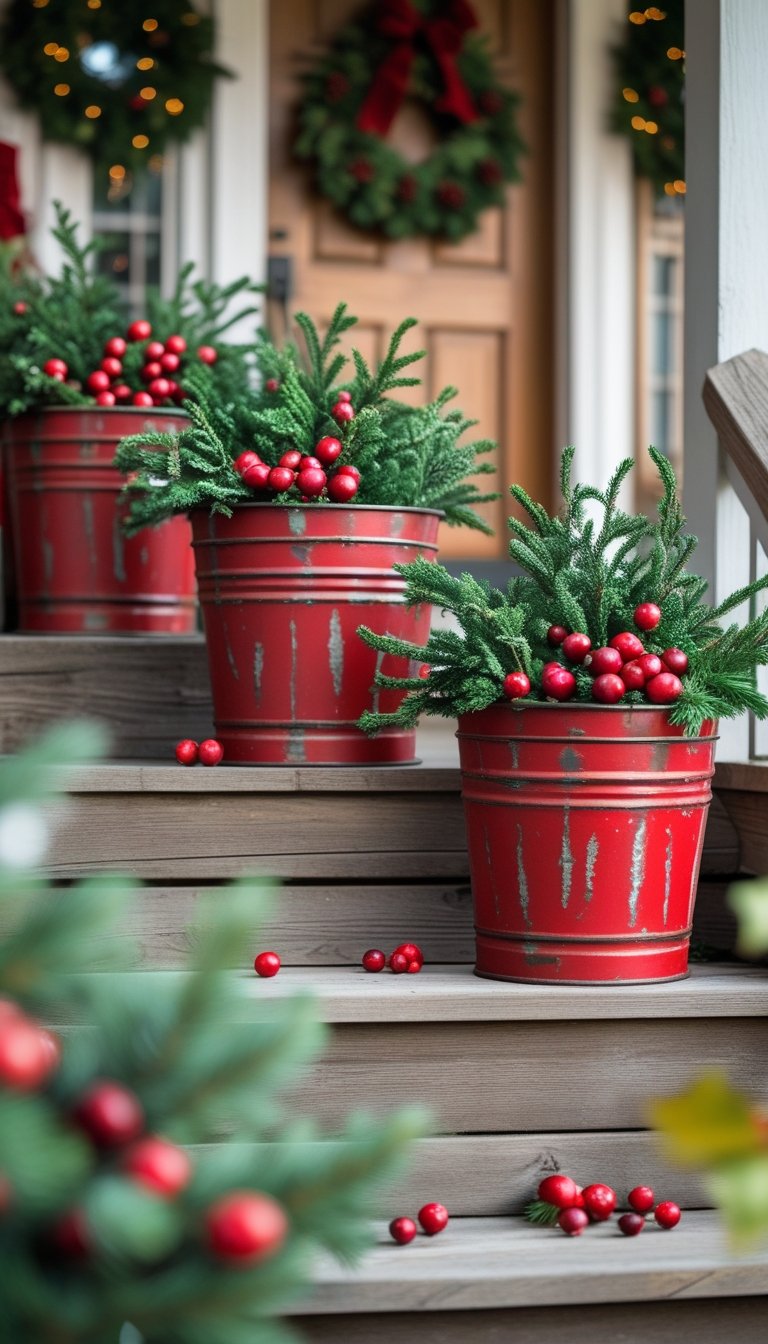 Red metal buckets filled with green juniper branches and red cranberries arranged on a wooden front porch.