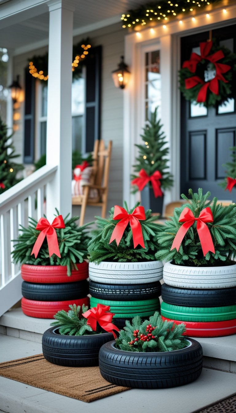 Front porch with painted tire planters filled with pine branches and red bows arranged for Christmas decoration.