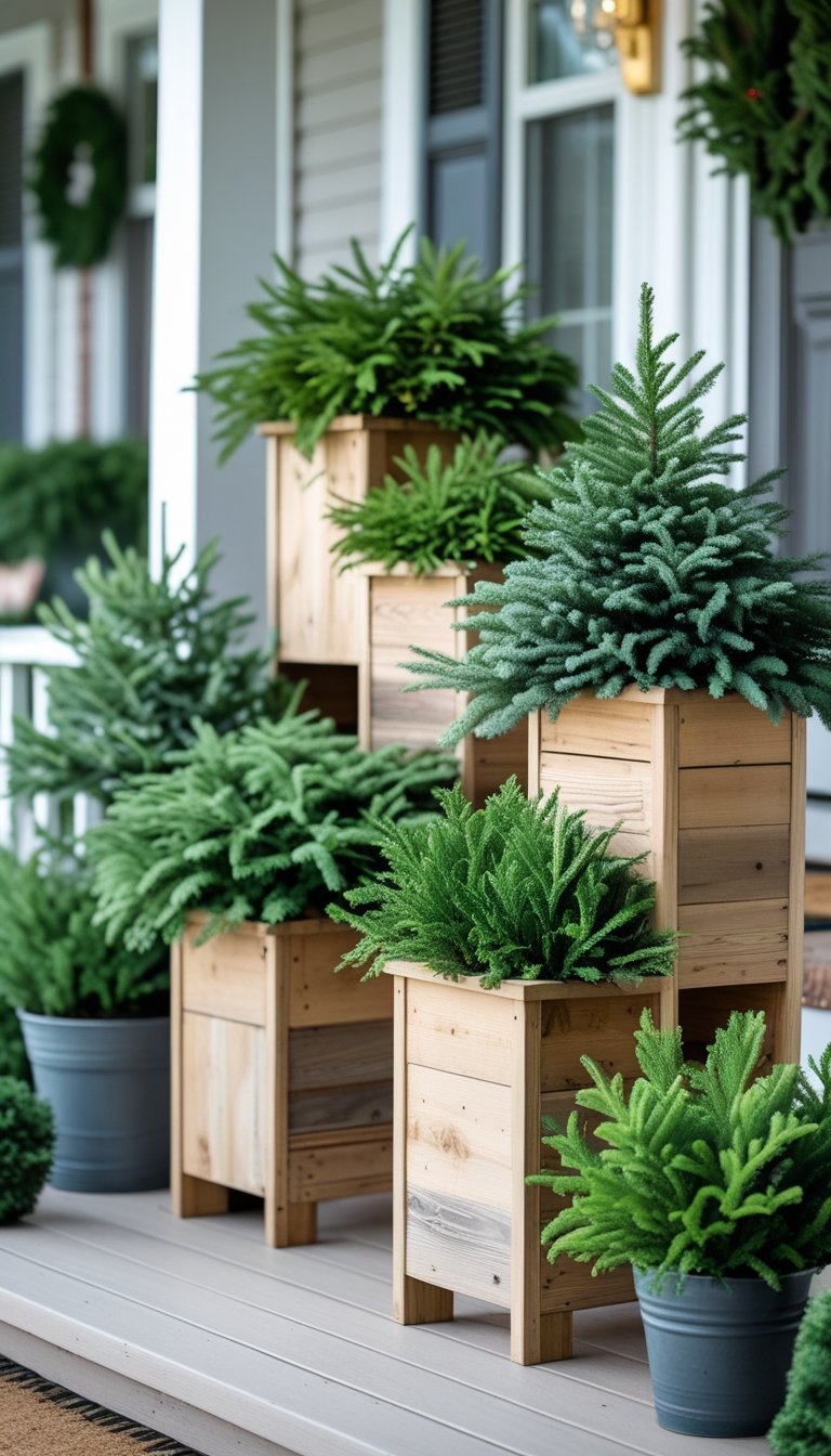 Tiered wooden planter stands filled with different evergreen plants arranged on a front porch.