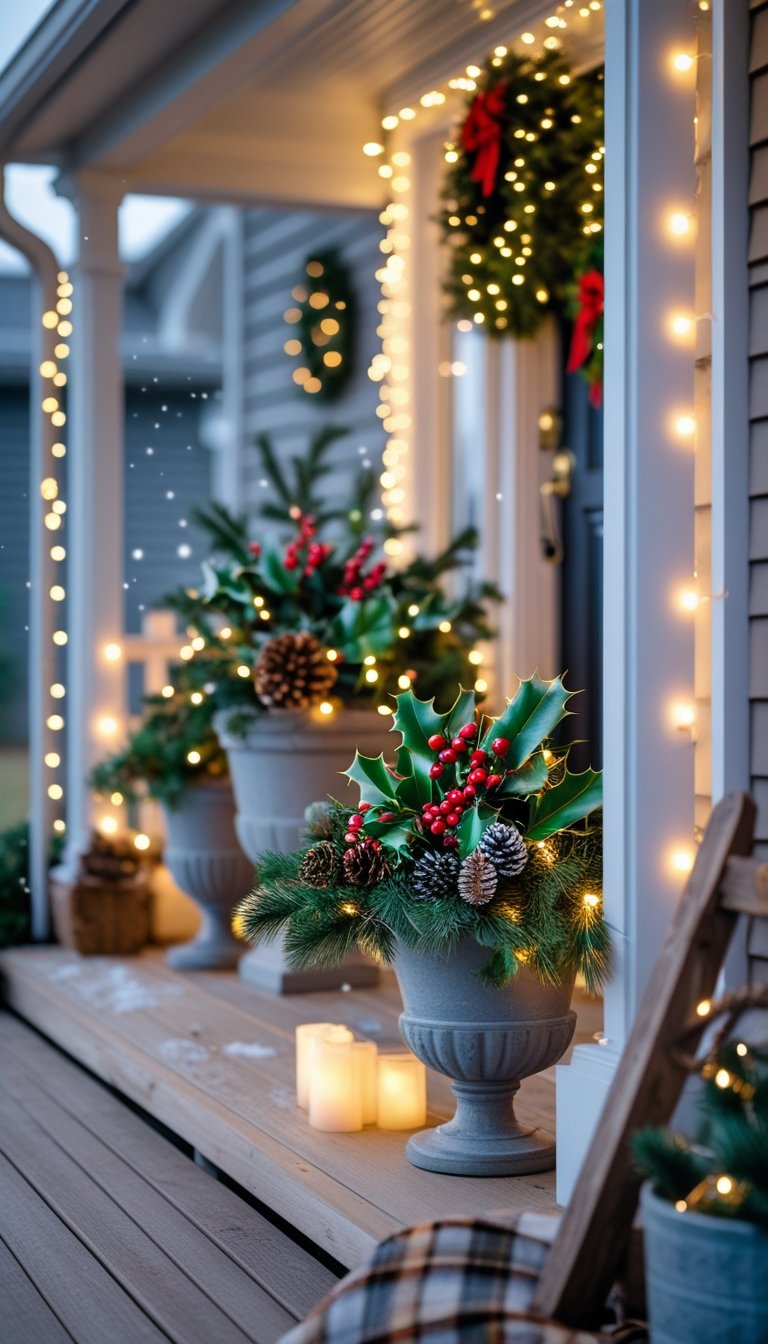 A front porch decorated with Christmas planters filled with greenery, pinecones, and lights, with a wooden bench nearby and a wreath on the door.