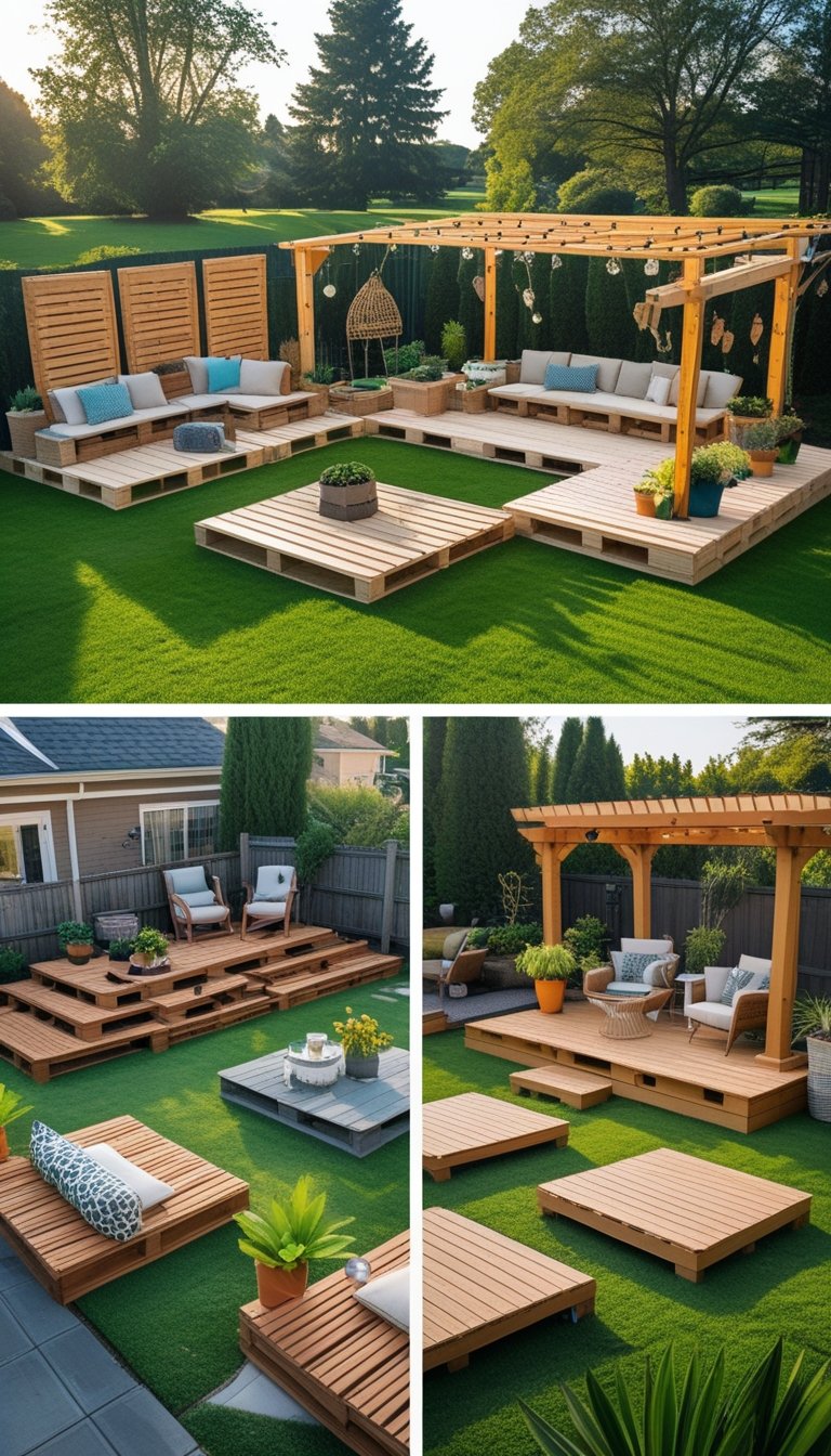 A backyard with multiple small DIY decks made from wood and other materials, featuring outdoor furniture, plants, and decorative lighting.