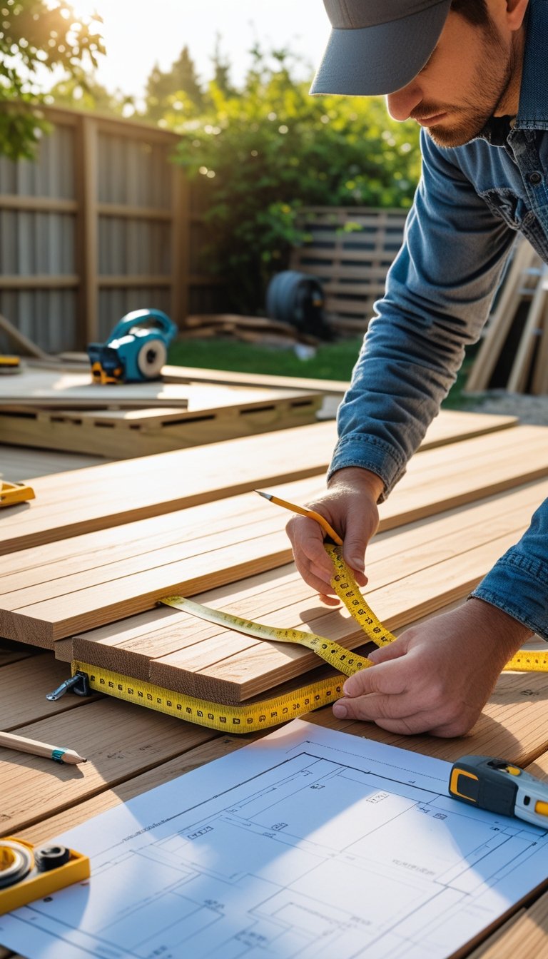 Person measuring wooden decking boards outdoors with tools and plans nearby, preparing to build a deck.