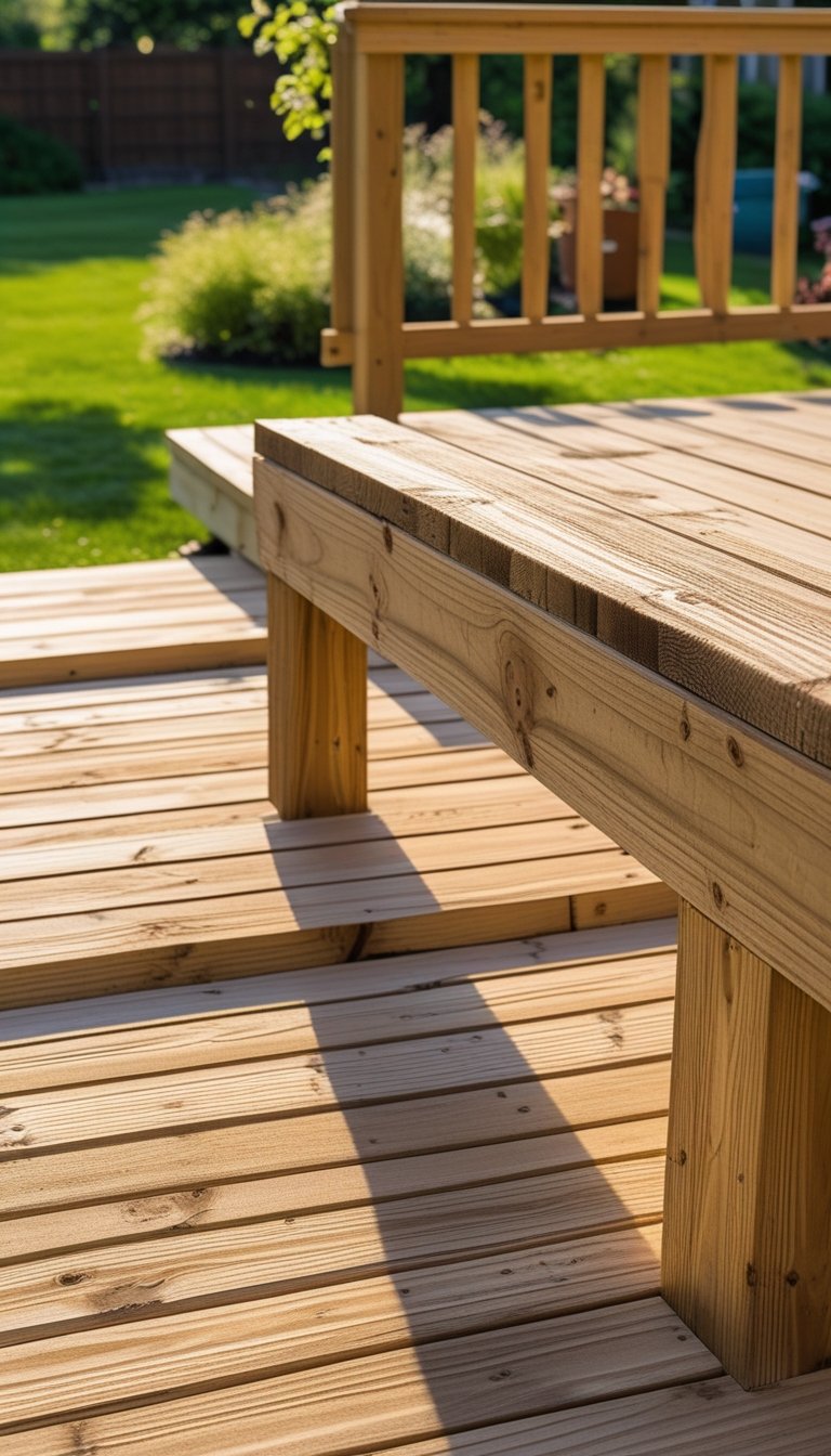 Close-up of a wooden outdoor deck made from pressure-treated lumber in a sunny backyard with grass and plants.