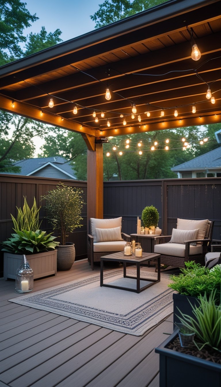 Under-deck patio area with comfortable seating, warm lighting, plants, and outdoor decor in a backyard setting.
