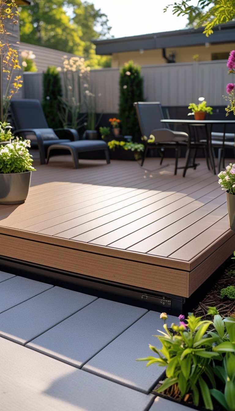 A backyard with a clean composite deck, surrounded by plants and outdoor furniture in natural daylight.