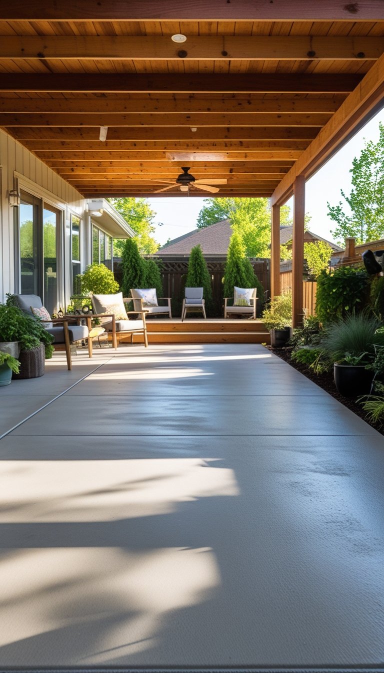A concrete patio floor installed under a wooden deck with outdoor furniture and plants around.