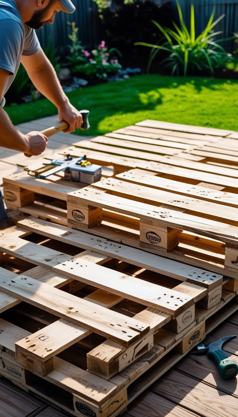 Person building a deck outdoors using recycled wooden pallets with tools nearby.