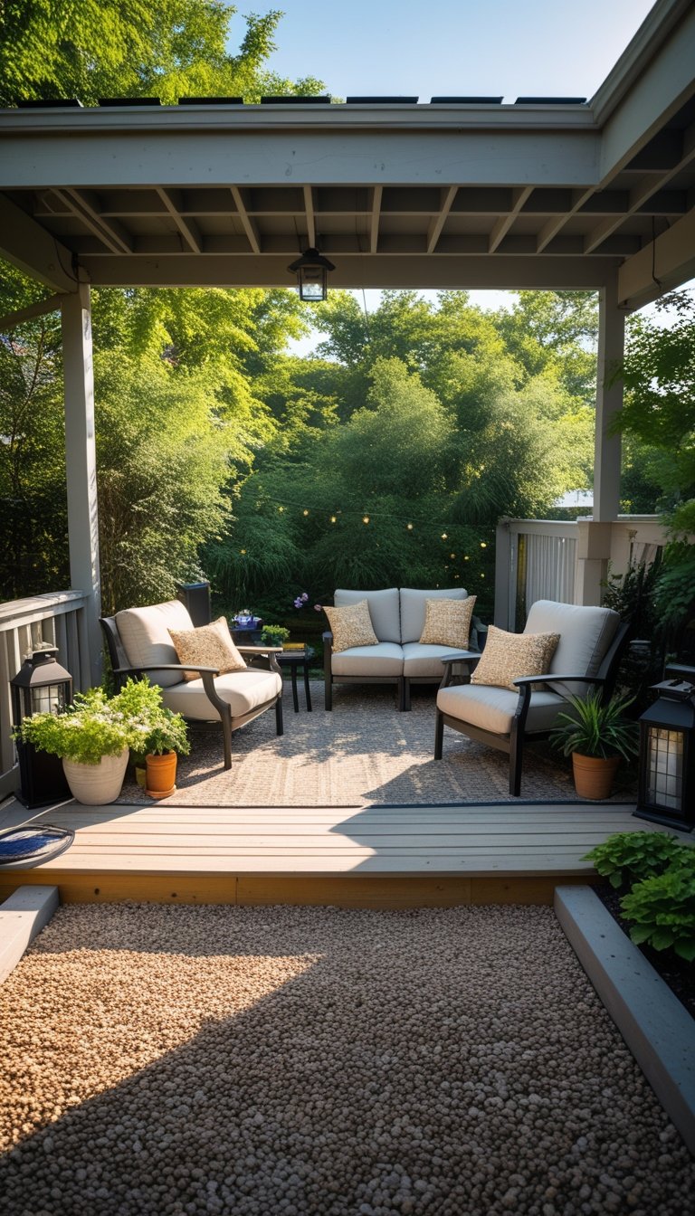 Outdoor patio area under a deck with gravel flooring, outdoor furniture, and plants.